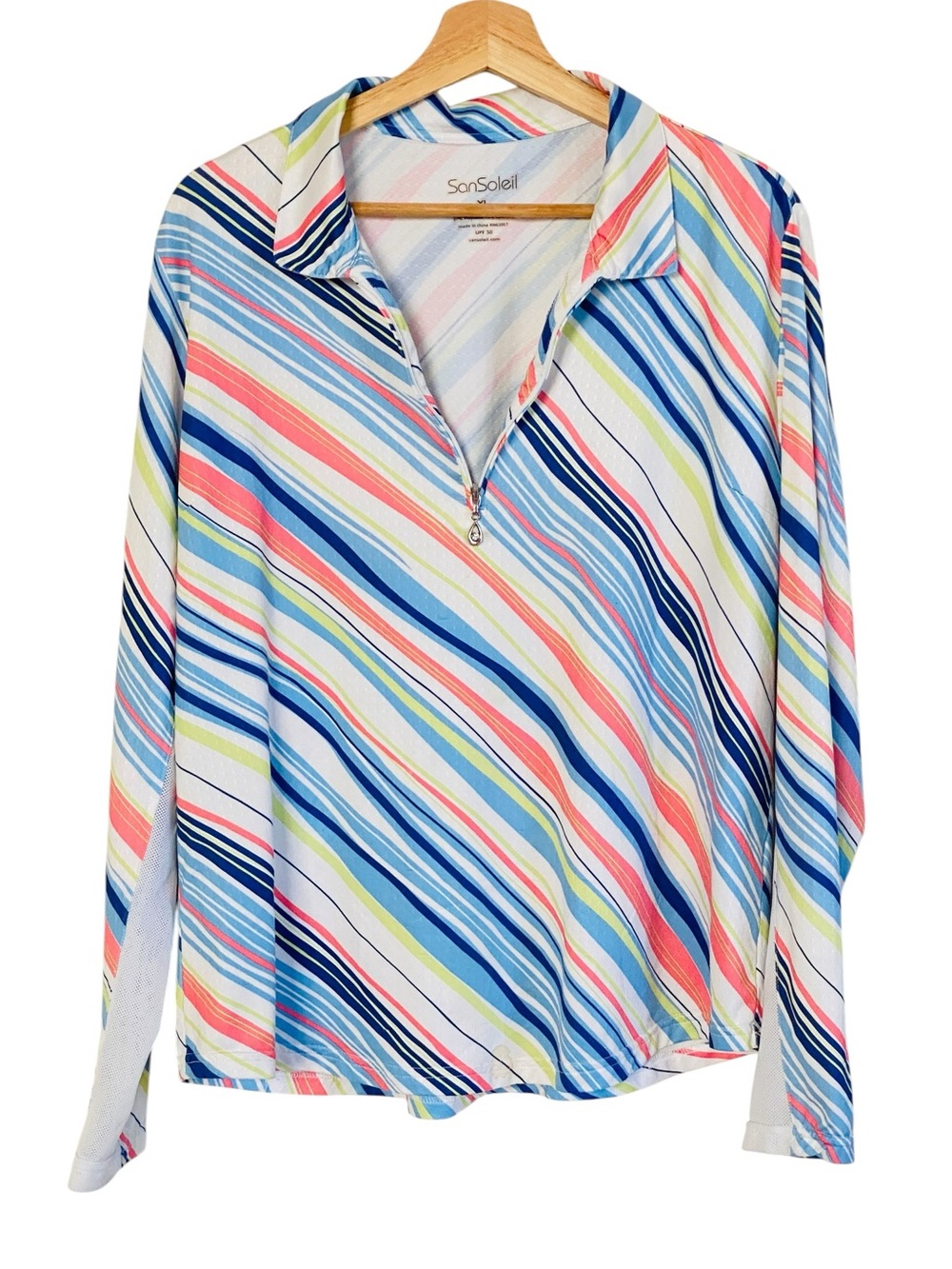 San Soliel UPF 50 Multicolor Stripe  1/4 Zip Long Sleeve Moisture Wicking Top XL